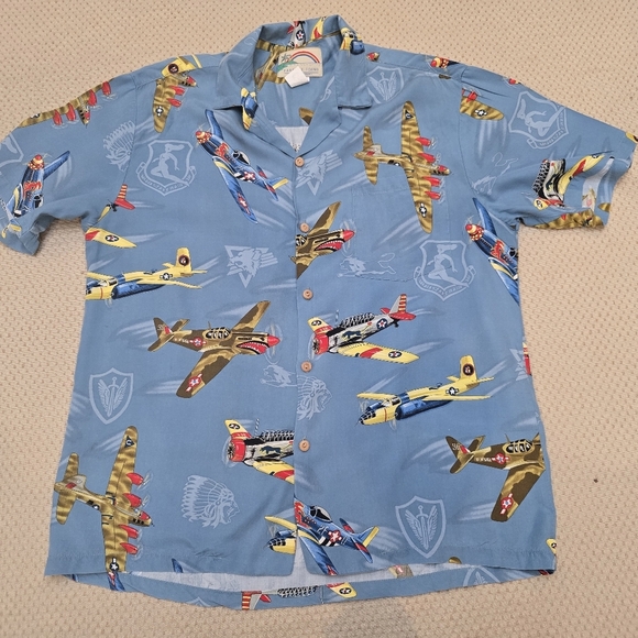 Paradise Found Hawaiian Shirt Men's L  Blue With U.S. Warplanes Beautiful Piece! - Picture 5 of 10